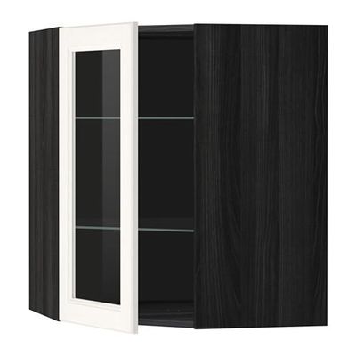 МЕТОД Углов навесн шк с полками/сткл дв - 68x80 см, Лаксарби белый, под дерево черный