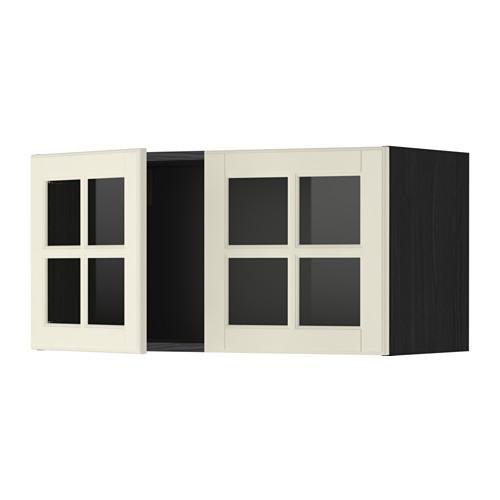 МЕТОД Навесной шкаф с 2 стеклянн дверями - под дерево черный, Будбин белый с оттенком