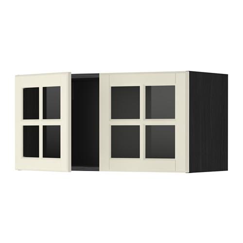 МЕТОД Навесной шкаф с 2 стеклянн дверями - под дерево черный, Будбин белый с оттенком