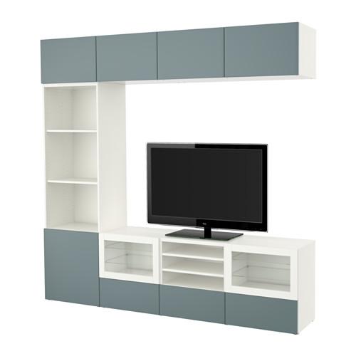 БЕСТО Шкаф для ТВ, комбин/стеклян дверцы - белый/Вальвикен серо-бирюзовый, прозрачное стекло, направляющие ящика,нажимные