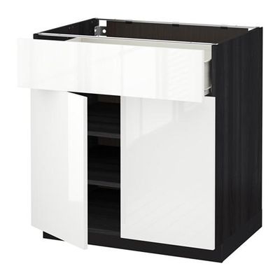 МЕТОД / ФОРВАРА Напольный шкаф+ящик/2дверцы - 80x60 см, Рингульт глянцевый белый, под дерево черный