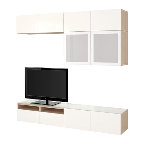 БЕСТО Шкаф для ТВ, комбин/стеклян дверцы - под беленый дуб/Сельсвикен глянцевый/белый матовое стекло, направляющие ящика,нажимные