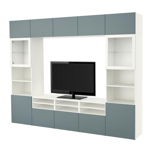 БЕСТО Шкаф для ТВ, комбин/стеклян дверцы - белый/Вальвикен серо-бирюзовый, прозрачное стекло, направляющие ящика,нажимные