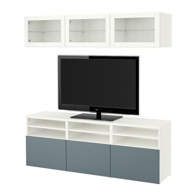 БЕСТО Шкаф для ТВ, комбин/стеклян дверцы - белый/Вальвикен серо-бирюзовый, прозрачное стекло, направляющие ящика, плавно закр