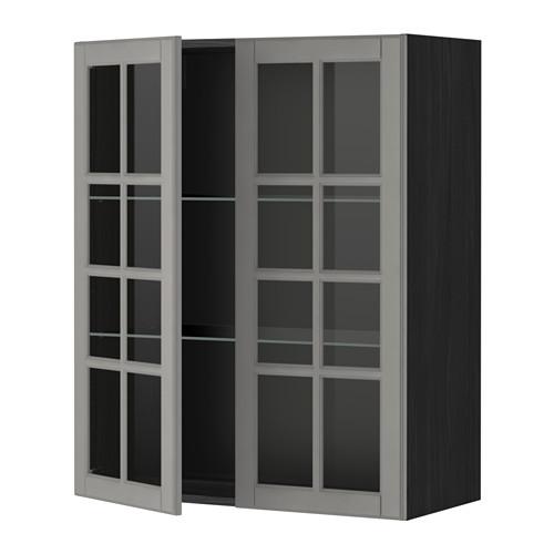 МЕТОД Навесной шкаф с полками/2 стекл дв - под дерево черный, Будбин серый, 80x100 см