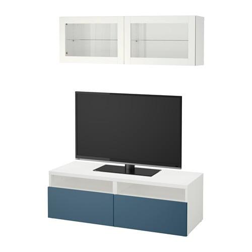 БЕСТО Шкаф для ТВ, комбин/стеклян дверцы - белый Вальвикен/темно-синий прозрачное стекло, направляющие ящика,нажимные