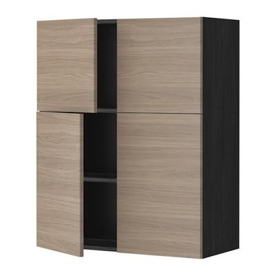 МЕТОД Навесной шкаф с полками/4дверцы - Брокхульт под грецкий орех светло-серый, под дерево черный