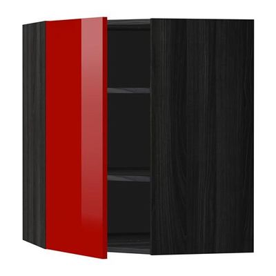 МЕТОД Угловой навесной шкаф с полками - 68x80 см, Рингульт глянцевый красный, под дерево черный
