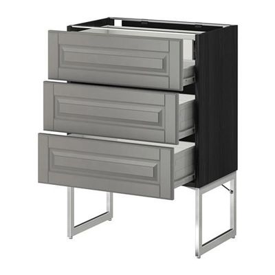 МЕТОД / ФОРВАРА Напольн шкаф 3фронт пнл/2низ/2ср ящ - 60x37x60 см, Будбин серый, под дерево черный МЕТОД / ФОРВАРА Напольн шкаф 3фронт пнл/2низ/2ср ящ - 60x37x60 см, Будбин серый, под дерево черный