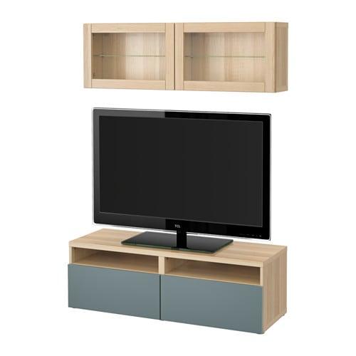 БЕСТО Шкаф для ТВ, комбин/стеклян дверцы - под беленый дуб/Вальвикен серо-бирюзовый, прозрачное стекло, направляющие ящика,нажимные БЕСТО Шкаф для ТВ, комбин/стеклян дверцы - под беленый дуб/Вальвикен серо-бирюзовый, прозрачное стекло, направляющие ящика,нажимные