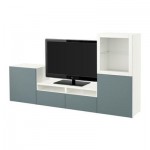 БЕСТО Шкаф для ТВ, комбин/стеклян дверцы - белый/Вальвикен серо-бирюзовый, прозрачное стекло, направляющие ящика,нажимные