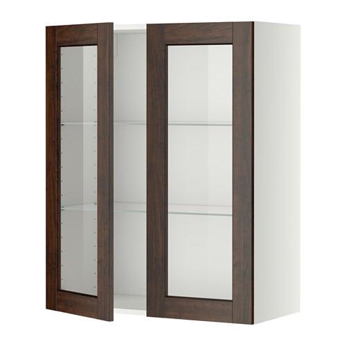 МЕТОД Навесной шкаф с полками/2 стекл дв - белый, Эдсерум под дерево коричневый, 80x100 см