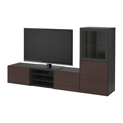 БЕСТО Шкаф для ТВ, комбин/стеклян дверцы - черно-коричневый/Инвикен черно-коричневый прозрачное стекло, направляющие ящика,нажимные