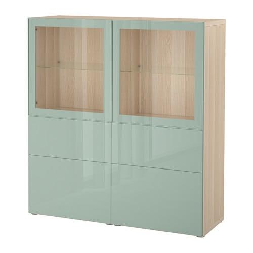 БЕСТО Комбинация д/хранения+стекл дверц - под беленый дуб Сельсвикен/глянцевый/серо-зеленый светлый прозрачное стекло, направляющие ящика, плавно закр