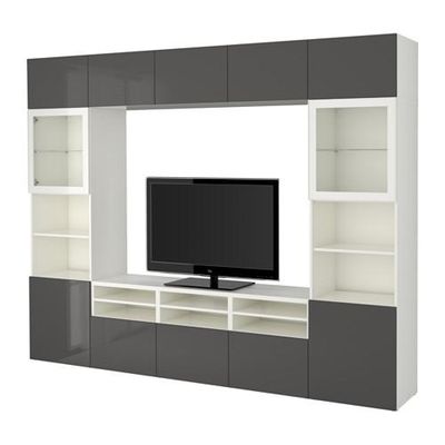 БЕСТО Шкаф для ТВ, комбин/стеклян дверцы - белый/Сельсвикен глянцевый/серый прозрачное стекло, направляющие ящика,нажимные