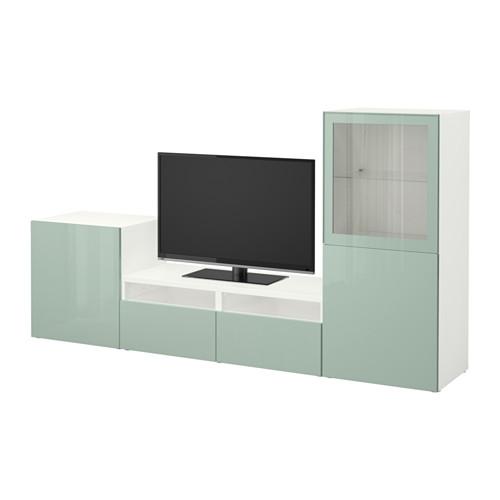 БЕСТО Шкаф для ТВ, комбин/стеклян дверцы - белый Сельсвикен/глянцевый/серо-зеленый светлый прозрачное стекло, направляющие ящика,нажимные