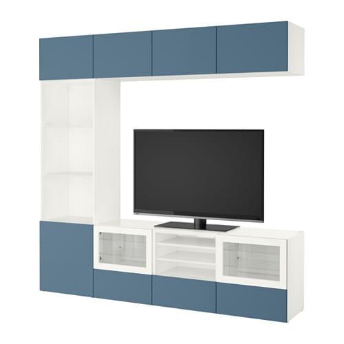 БЕСТО Шкаф для ТВ, комбин/стеклян дверцы - белый Вальвикен/темно-синий прозрачное стекло, направляющие ящика,нажимные