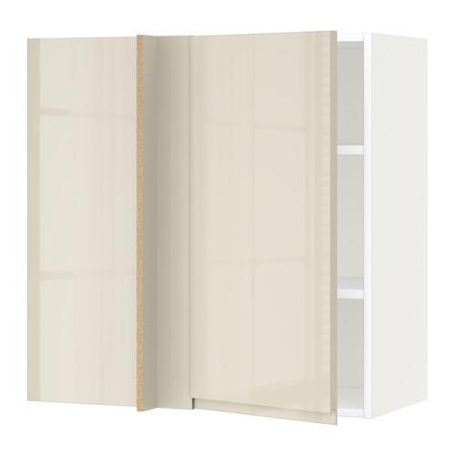 МЕТОД Угловой навесной шкаф с полками - белый, Воксторп глянцевый светло-бежевый, 88x37x80 см