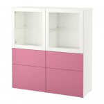 БЕСТО Комбинация д/хранения+стекл дверц - Лаппвикен розовый/Синдвик белый прозрачное стекло, направляющие ящика, плавно закр