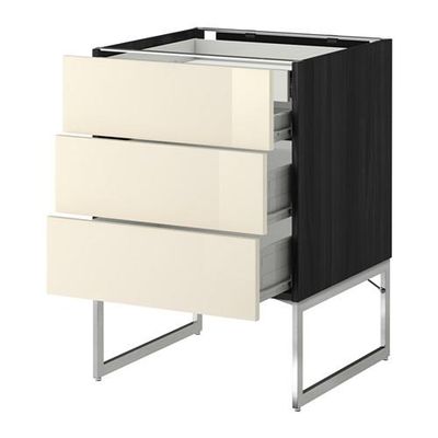 МЕТОД / ФОРВАРА Напольн шкаф 3фронт пнл/2низ/2ср ящ - 60x60x60 см, Рингульт глянцевый кремовый, под дерево черный