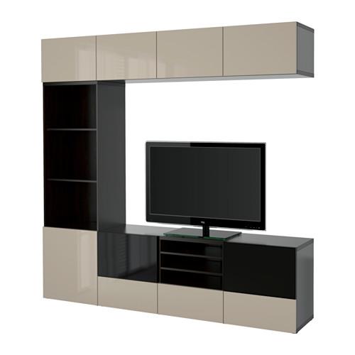 БЕСТО Шкаф для ТВ, комбин/стеклян дверцы - черно-коричневый/Сельсвикен глянцевый/бежевый/дымчатое стекло, направляющие ящика, плавно закр