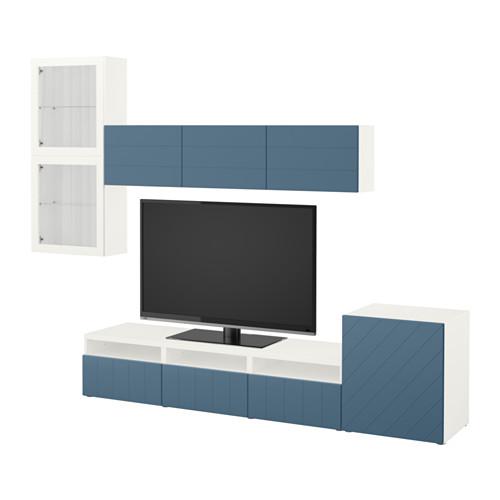 БЕСТО Шкаф для ТВ, комбин/стеклян дверцы - белый Халлставик/темно-синий прозрачное стекло, направляющие ящика,нажимные