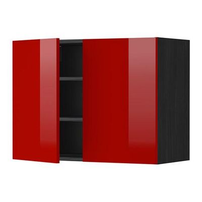 МЕТОД Навесной шкаф с полками/2дверцы - 80x60 см, Рингульт глянцевый красный, под дерево черный