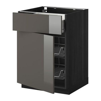 МЕТОД / ФОРВАРА Напольн шкаф с пров корз/ящ/дверью - 60x60 см, Рингульт глянцевый серый, под дерево черный