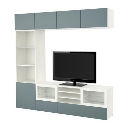 БЕСТО Шкаф для ТВ, комбин/стеклян дверцы - белый/Вальвикен серо-бирюзовый, прозрачное стекло, направляющие ящика, плавно закр