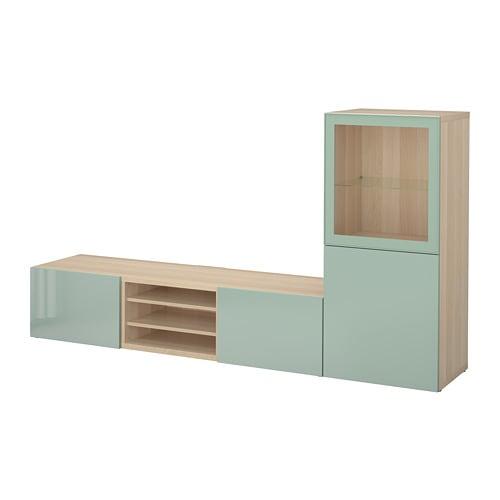 БЕСТО Шкаф для ТВ, комбин/стеклян дверцы - под беленый дуб Сельсвикен/глянцевый/серо-зеленый светлый прозрачное стекло, направляющие ящика,нажимные БЕСТО Шкаф для ТВ, комбин/стеклян дверцы - под беленый дуб Сельсвикен/глянцевый/серо-зеленый светлый прозрачное стекло, направляющие ящика,нажимные