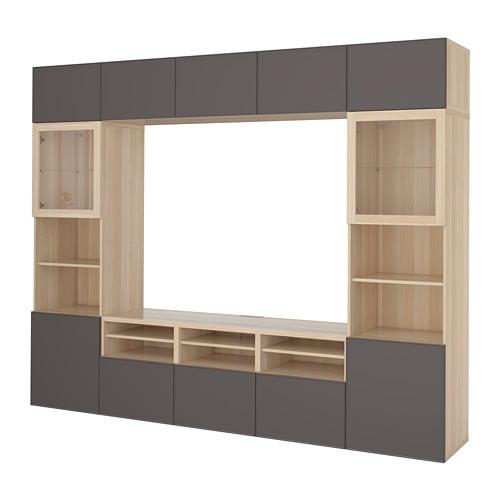 БЕСТО Шкаф для ТВ, комбин/стеклян дверцы - под беленый дуб Грундсвикен/темно-серый прозрачное стекло, направляющие ящика, плавно закр БЕСТО Шкаф для ТВ, комбин/стеклян дверцы - под беленый дуб Грундсвикен/темно-серый прозрачное стекло, направляющие ящика, плавно закр