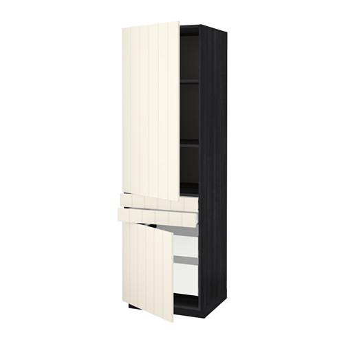 МЕТОД / МАКСИМЕРА Выс шкаф+полки/4 ящк/2двр/2фрнт - под дерево черный, Хитарп белый с оттенком МЕТОД / МАКСИМЕРА Выс шкаф+полки/4 ящк/2двр/2фрнт - под дерево черный, Хитарп белый с оттенком