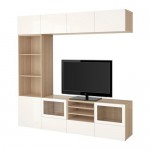 БЕСТО Шкаф для ТВ, комбин/стеклян дверцы - под беленый дуб/Сельсвикен глянцевый/белый прозрачное стекло, направляющие ящика, плавно закр