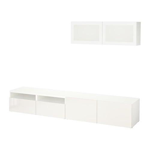 БЕСТО Шкаф для ТВ, комбин/стеклян дверцы - белый/Сельсвикен глянцевый/белый матовое стекло, направляющие ящика, плавно закр
