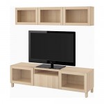 БЕСТО Шкаф для ТВ, комбин/стеклян дверцы - Лаппвикен/Синдвик под беленый дуб, прозрачное стелко, направляющие ящика, плавно закр