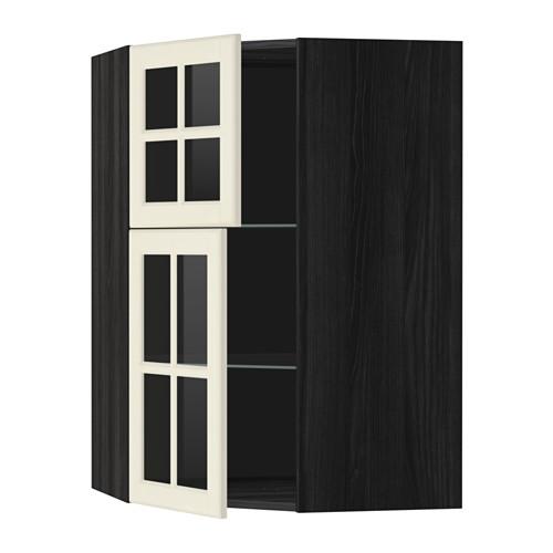 МЕТОД Углов навесной шкаф+полки/2 сткл дв - под дерево черный, Будбин белый с оттенком