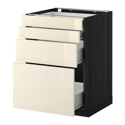 МЕТОД / ФОРВАРА Напольн шкаф 4 фронт панели/4 ящика - 60x60 см, Рингульт глянцевый кремовый, под дерево черный