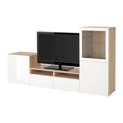 БЕСТО Шкаф для ТВ, комбин/стеклян дверцы - под беленый дуб/Сельсвикен глянцевый/белый прозрачное стекло, направляющие ящика, плавно закр