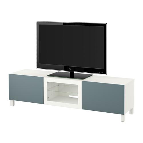 БЕСТО Тумба под ТВ с ящиками и дверцей - белый/Вальвикен серо-бирюзовый, прозрачное стекло, направляющие ящика, плавно закр