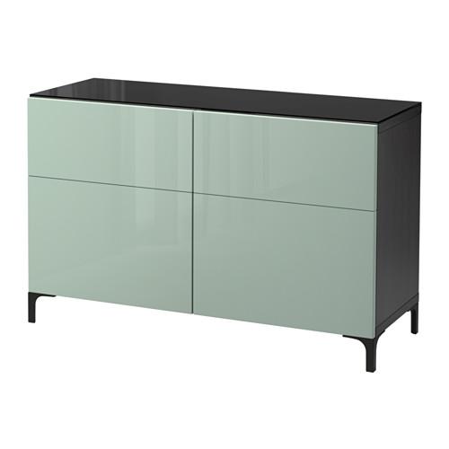 БЕСТО Комбинация для хранения с ящиками - черно-коричневый/Сельсвикен глянцевый/серо-зеленый светлый, направляющие ящика,нажимные