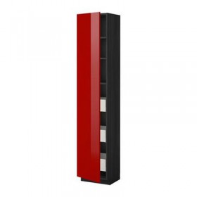 МЕТОД / МАКСИМЕРА Высокий шкаф с ящиками - 40x37x200 см, Рингульт глянцевый красный, под дерево черный