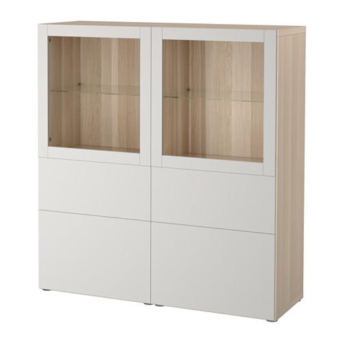 БЕСТО Комбинация д/хранения+стекл дверц - под беленый дуб/Лаппвикен светло-серый прозрачное стекло, направляющие ящика, плавно закр