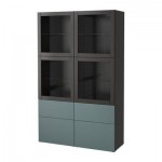 БЕСТО Комбинация д/хранения+стекл дверц - черно-коричневый/Вальвикен серо-бирюзовый, прозрачное стекло, направляющие ящика, плавно закр БЕСТО Комбинация д/хранения+стекл дверц - черно-коричневый/Вальвикен серо-бирюзовый, прозрачное стекло, направляющие ящика, плавно закр