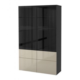 БЕСТО Комбинация д/хранения+стекл дверц - черно-коричневый/Сельсвикен глянцевый/бежевый прозрачное стекло, направляющие ящика,нажимные