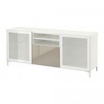 БЕСТО Тумба д/ТВ с ящиками - белый/Сельсвикен глянцевый/бежевый матовое стекло, направляющие ящика,нажимные