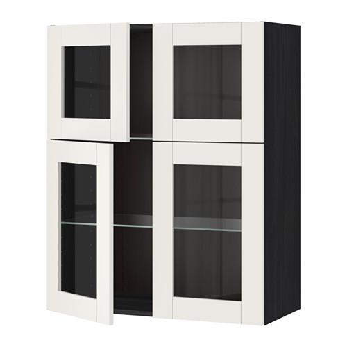 МЕТОД Навесной шкаф с полками/4 стекл дв - под дерево черный, Сэведаль белый МЕТОД Навесной шкаф с полками/4 стекл дв - под дерево черный, Сэведаль белый