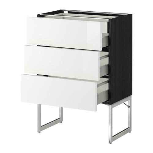 МЕТОД / МАКСИМЕРА Напольн шкаф 3фронт пнл/2низ/2ср ящ - под дерево черный, Рингульт глянцевый белый, 60x37x60 см