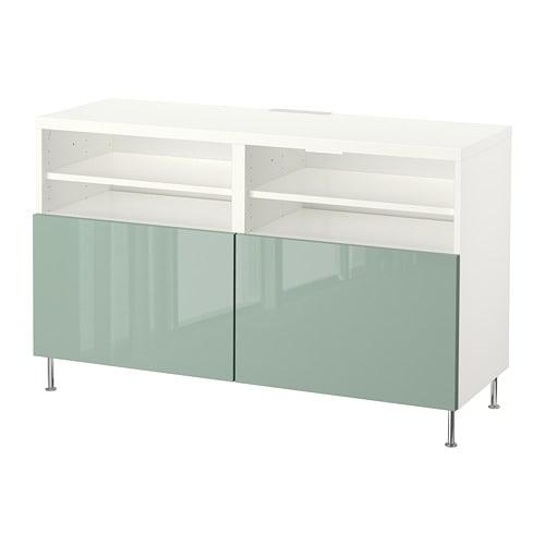 БЕСТО Тумба под ТВ, с дверцами - белый глянцевый/серо-зеленый светлый