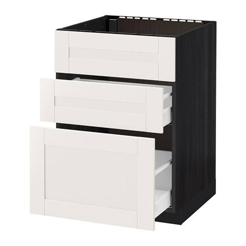 МЕТОД / МАКСИМЕРА Напольн шк п-мойку+3фрнт пнл/2ящ - под дерево черный, Сэведаль белый, 60x60 см