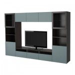 БЕСТО Шкаф для ТВ, комбин/стеклян дверцы - черно-коричневый/Вальвикен серо-бирюзовый, прозрачное стекло, направляющие ящика,нажимные